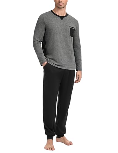 Marvmys Herren Schlafanzug Lang Baumwolle Winter Pyjama Set Schlafanzüge Männer Langarm Shirt mit Brusttasche Pyjamahose mit Tasche und Bündchen dunkelgrau 3XL von Marvmys