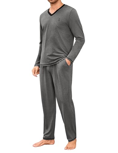 Marvmys Herren Schlafanzug Lang Pyjama Winter Pyjamas Männer Zweiteilige V-Ausschnitt Nightwear Set mit Taschen S-4XL von Marvmys