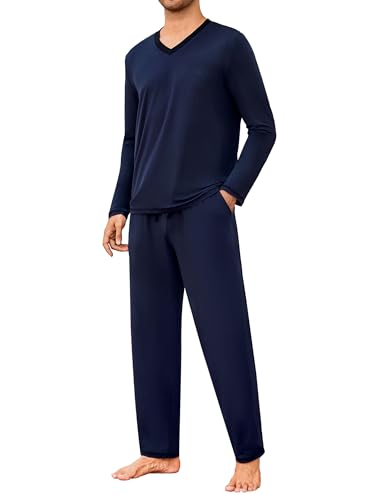 Marvmys Herren Schlafanzug Lang V-Ausschnitt Baumwolle Schlafanzug Herren Winter Pyjamas Männer Zweiteilige Nightwear Set mit Taschen S-4XL von Marvmys