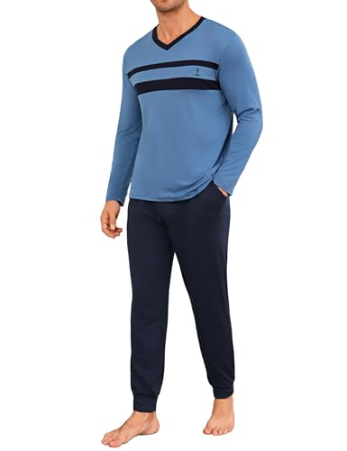 Marvmys Herren Schlafanzug Lang V-Ausschnitt Gestreifter Schlafanzüge Herren Baumwolle Winter Zweiteiliger Pyjamas Nightwear Set mit Taschen S-3XL von Marvmys