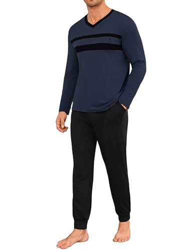Marvmys Herren Schlafanzug Lang V-Ausschnitt Gestreifter Schlafanzüge Herren Baumwolle Zweiteiliger Pyjamas Nightwear Set mit Taschen S-3XL von Marvmys