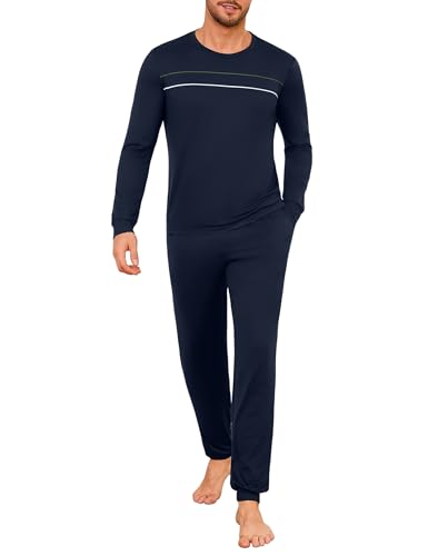 Marvmys Herren Schlafanzug Lang Winter Baumwolle Pyjamaset Rundhals Taschen Verstellbarer Bund Bequeme Nachtwäsche von Marvmys
