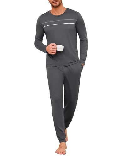 Marvmys Herren Schlafanzug Lang Winter Baumwolle Pyjamaset Rundhals Taschen Verstellbarer Bund Bequeme Nachtwäsche von Marvmys