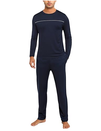 Marvmys Herren Schlafanzug Lang Winter Baumwolle Pyjama Set Rundhals Taschen Verstellbarer Bund Bequeme Nachtwäsche von Marvmys