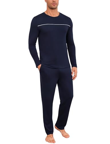 Marvmys Herren Schlafanzug Lang Winter Baumwolle Pyjama Set Rundhals Taschen Verstellbarer Bund Bequeme Nachtwäsche von Marvmys