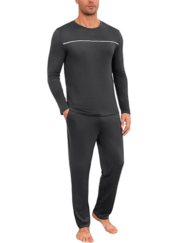 Marvmys Herren Schlafanzug Lang Winter Baumwolle Pyjama Set Rundhals Taschen Verstellbarer Bund Bequeme Nachtwäsche von Marvmys