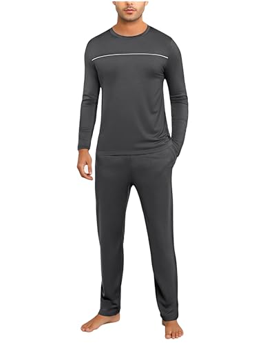 Marvmys Herren Schlafanzug Lang Winter Baumwolle Pyjama Set Rundhals Taschen Verstellbarer Bund Bequeme Nachtwäsche von Marvmys