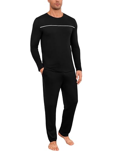 Marvmys Herren Schlafanzug Lang Winter Baumwolle Pyjama Set Rundhals Taschen Verstellbarer Bund Bequeme Nachtwäsche von Marvmys