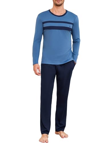 Marvmys Herren Schlafanzug Langer Winter Pyjama Set Herren Schlafanzüge Länge Baumwolle Rundhals Men's Langarmshirt Bündchen Pyjamahose Mit Taschen S-3XL von Marvmys