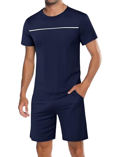 Marvmys Schlafanzug Herren Kurz Baumwolle Pyjamaset Herren Sommer Nightwear Pyjama Kurzarm mit Rundhalsausschnitt Oberteil und kurzer Schlafanzughose von Marvmys