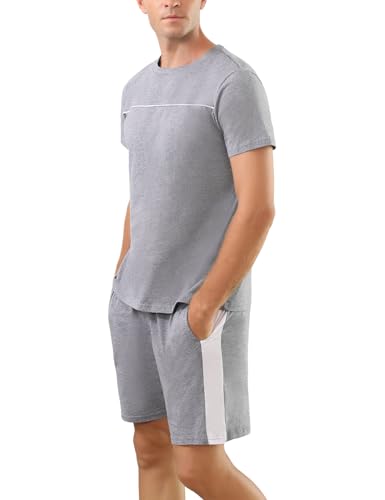 Marvmys Herren Schlafanzug Set kurz Zweiteilige Nachtwäsche aus Baumwolle Rundhals V-Ausschnitt Sleepwear Pyjama Hausanzug Freizeitanzug A-Hellgrau L von Marvmys