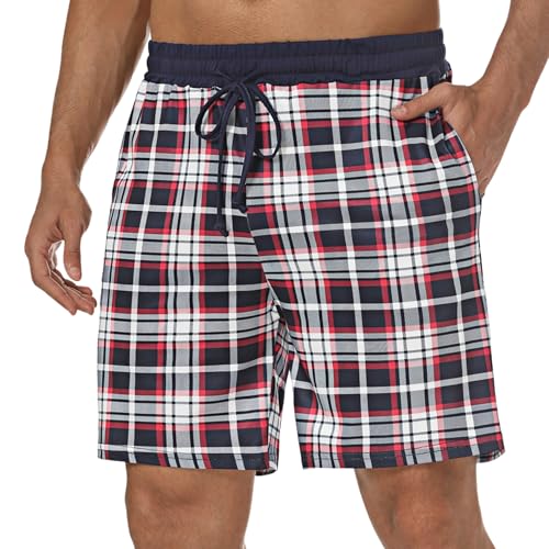 Marvmys Herren Schlafanzughose Kurze Kariert Pyjamahose Shorty Sommer Nachtwäsche Schlafshorts mit Taschen von Marvmys