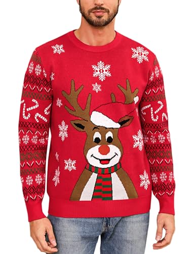 Marvmys Herren Weihnachtspullover Hässlicher Weihnachtspulli Christmas Sweater Schneeflocken Elch Stricken Herrenpullover mit Rundhalsausschnitt und Langen Ärmeln für Herren Weihnachtsparty A-Rot S von Marvmys