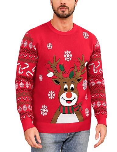 Marvmys Herren Weihnachtspullover Hässlicher Weihnachtspulli Christmas Sweater Schneeflocken Elch Stricken Herrenpullover mit Rundhalsausschnitt und Langen Ärmeln für Herren Weihnachtsparty B-Rot S von Marvmys