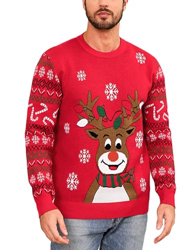 Marvmys Herren Weihnachtspullover Hässlicher Weihnachtspulli Christmas Sweater Schneeflocken Elch Stricken Herrenpullover mit Rundhalsausschnitt und Langen Ärmeln für Herren Weihnachtsparty B-Rot M von Marvmys