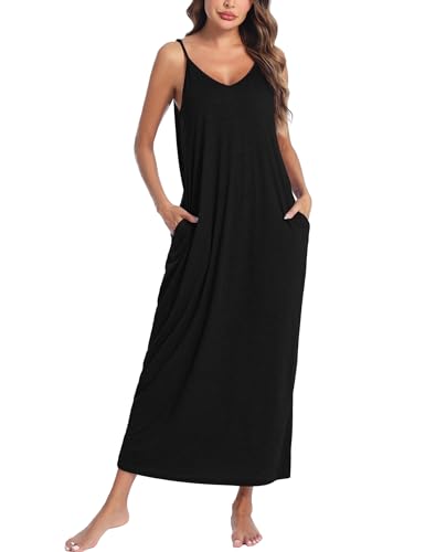 Marvmys Lange Damen-Nachthemden aus Baumwolle, Spaghettiträger, V-Ausschnitt, durchgehender Slip, Schlafshirt mit Taschen, Schwarz, XX-Large Marvmys Lange Damen-Nachthemden aus Baumwolle, Spaghettiträger, V-Ausschnitt, durchgehender Slip, Schlafshirt mit Taschen, Schwarz, XX-Large von Marvmys