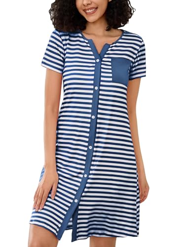 Marvmys Nachthemd Damen Kurzarm Nachtwäsche Sleepwear Stillnachthemd Baumwolle Sommer V-Ausschnitt Streifen Nachtkleid Schlafshirt Kurz Sleepshirt Knopfleiste von Marvmys