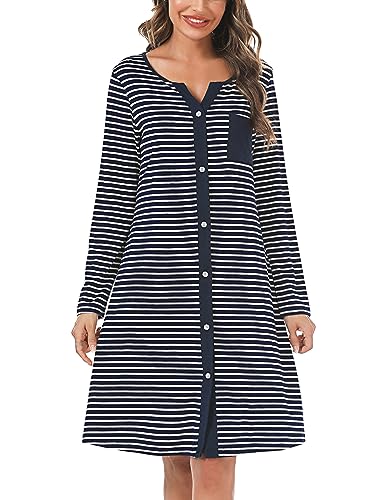 Marvmys Nachthemd Damen Baumwolle Schlafshirt mit durchgehende Knopfleiste Streife Kurzärmelig Nachtkleid Schlafhemd Nachtwäsche Umstands- Stillnachthemd Blau-Lange Ärmel XXL von Marvmys