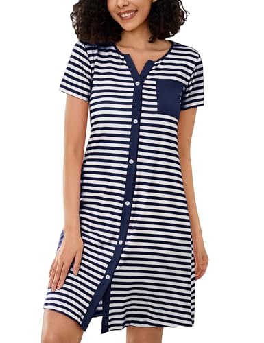 Marvmys Nachthemd Damen Kurzarm Nachtwäsche Sleepwear Stillnachthemd Baumwolle Sommer V-Ausschnitt Streifen Nachtkleid Schlafshirt Kurz Sleepshirt Knopfleiste von Marvmys