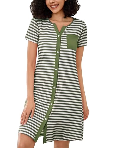 Marvmys Nachthemd Damen Kurzarm Nachtwäsche Sleepwear Stillnachthemd Baumwolle Sommer V-Ausschnitt Streifen Nachtkleid Schlafshirt Kurz Sleepshirt Knopfleiste von Marvmys