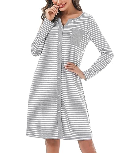 Marvmys Nachthemd Damen Baumwolle Schlafshirt mit durchgehende Knopfleiste Streife Kurzärmelig Nachtkleid Schlafhemd Nachtwäsche Umstands- Stillnachthemd Hellgrau-Lange Ärmel M von Marvmys