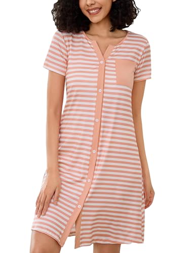 Marvmys Nachthemd Damen Kurzarm Nachtwäsche Sleepwear Stillnachthemd Baumwolle Sommer V-Ausschnitt Streifen Nachtkleid Schlafshirt Kurz Sleepshirt Knopfleiste von Marvmys