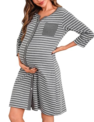 Marvmys Nachthemd Damen Baumwolle Schlafshirt mit durchgehende Knopfleiste Streife Kurzärmelig Nachtkleid Schlafhemd Nachtwäsche Umstands- Stillnachthemd Stil A L von Marvmys