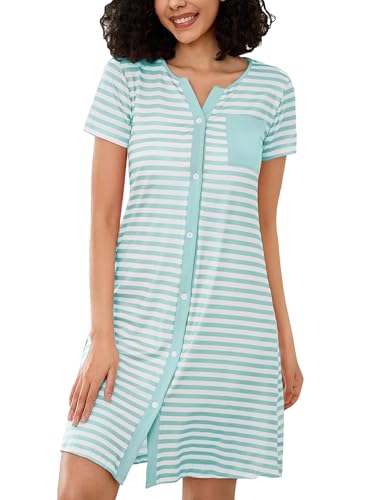 Marvmys Nachthemd Damen Kurzarm Nachtwäsche Sleepwear Stillnachthemd Baumwolle Sommer V-Ausschnitt Streifen Nachtkleid Schlafshirt Kurz Sleepshirt Knopfleiste von Marvmys