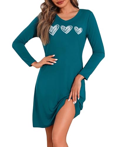 Marvmys Nachthemd Damen Baumwolle V-Ausschnitt Nachtwäsche Winter Schlafkleid Langärmeliges Nachthemden mit Printed Herzdruck S-4XL von Marvmys