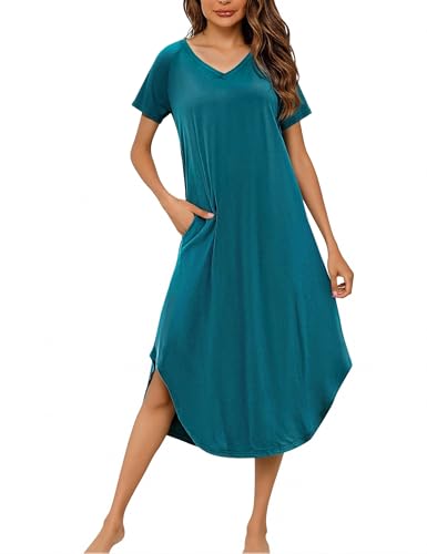 Marvmys Nachthemd Damen Lang Baumwolle V-Ausschnitt Sommer Große Größen Kurzärmeliges Nachthemden Damen Plus Size Pyjamas mit Taschen L-4XL von Marvmys