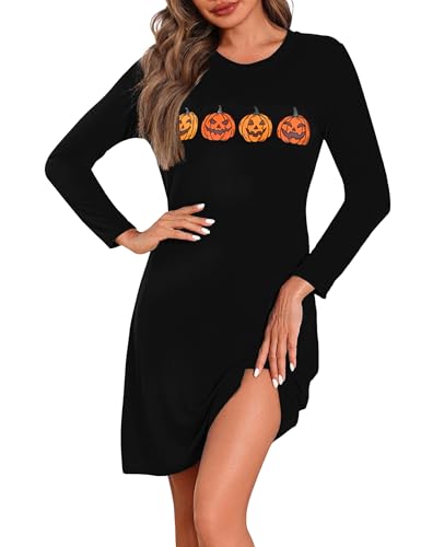 Marvmys Nachthemd Damen Langarm Schlafshirt Baumwolle Printed Sleepshirt Frauen Winter Nachtwäsche Schlafkleid mit Halloween Kürbis Motiv von Marvmys