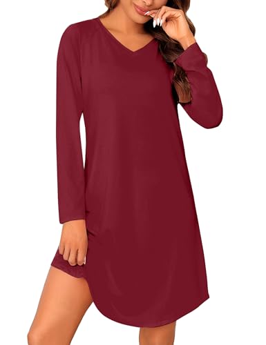 Marvmys Nachthemd Damen Schlafshir Langarm V-Ausschnitt Sleepshirt Frauen Winter Nachtwäsche Frauen Schlafkleid S-3XL von Marvmys