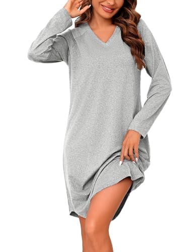 Marvmys Nachthemd Damen Schlafshir Langarm V-Ausschnitt Sleepshirt Frauen Winter Nachtwäsche Frauen Schlafkleid S-3XL von Marvmys