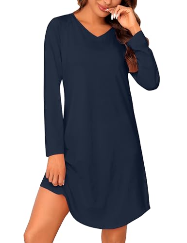 Marvmys Nachthemd Damen Schlafshir Langarm V-Ausschnitt Sleepshirt Frauen Winter Nachtwäsche Frauen Schlafkleid S-3XL von Marvmys