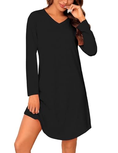 Marvmys Nachthemd Damen Schlafshir Langarm V-Ausschnitt Sleepshirt Frauen Winter Nachtwäsche Frauen Schlafkleid S-3XL von Marvmys