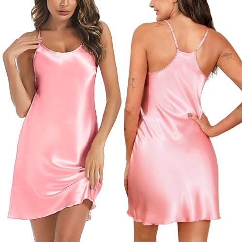 Marvmys Nachthemd Damen Sexy Kurze Satin Negligee Unterkleid Damen Babydoll Sommer Sleepshirt mit Verstellbare Träger Dunkelpink S von Marvmys