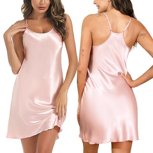 Marvmys Nachthemd Damen Sexy Kurze Satin Negligee Unterkleid Damen Babydoll Sommer Sleepshirt mit Verstellbare Träger Rosa L von Marvmys