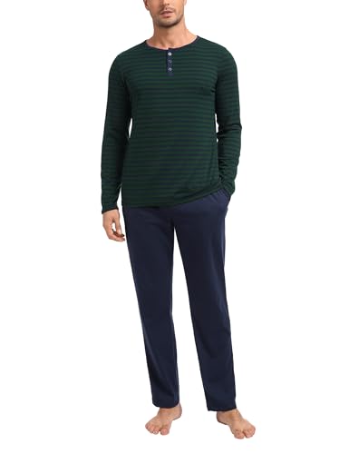 Marvmys Schlafanzüge Für Herren Lang Baumwolle Streifen Winter Pyjama Set Schlafanzug Männer Langarm Shirt Pyjamahose mit Tasche Stil C L von Marvmys
