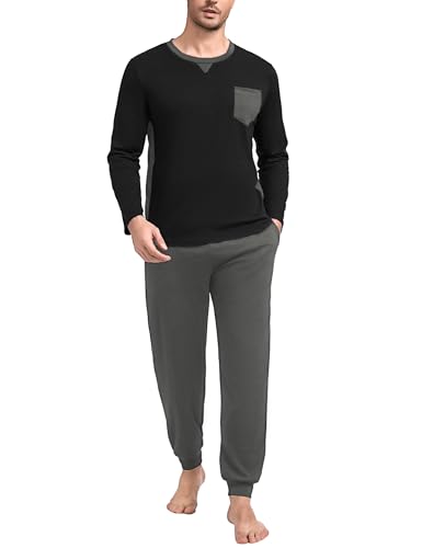 Marvmys Schlafanzüge für Herren Lang Baumwolle Rundhals Winter Pyjama Set Schlafanzug Männer Langarm Shirt mit Brusttasche Pyjamahose mit Tasche und Bündchen Mittelgrau XXL von Marvmys