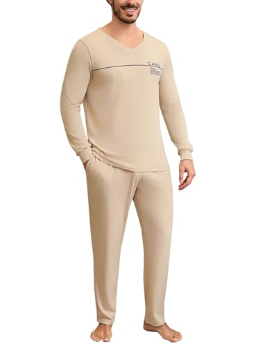 Marvmys Schlafanzüge für Herren Lang Baumwolle V-Ausschnitt Winter Pyjama Set Schlafanzug Männer Langarm Shirt mit Bündchen Pyjamahose mit Tasche Helles Khaki S von Marvmys