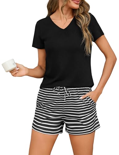 Marvmys Schlafanzug Damen Kurz Baumwolle Pyjama Set Sommer Nachtwäsche T Shirt V Ausschnitt Karierte Shorts von Marvmys