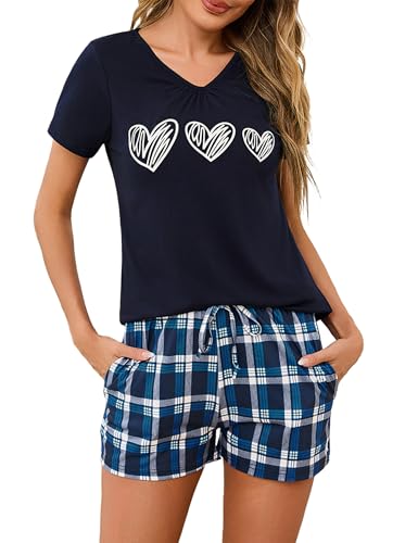 Marvmys Schlafanzug Damen Kurz Baumwolle Pyjama Set Sommer Nachtwäsche T Shirt V Ausschnitt Karierte Shorts von Marvmys