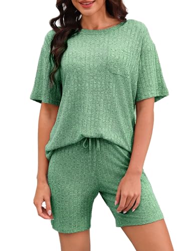 Marvmys Schlafanzug Damen Kurz Sommer Pyjama Kurzarm PyjamasSet Nachtwäsche Zweiteiliger Freizeit Modisch YogaKleidung Lässige Kleidung Grün XXL von Marvmys