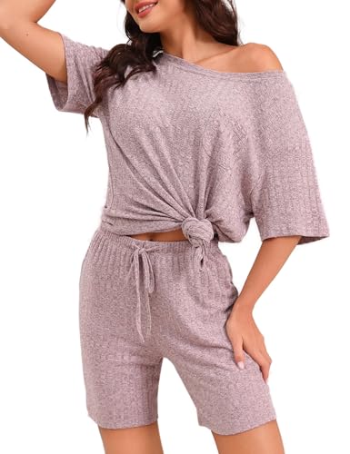 Marvmys Schlafanzug Damen Kurz Sommer Pyjama Kurzarm PyjamasSet Nachtwäsche Zweiteiliger Freizeit Modisch YogaKleidung Lässige Kleidung Rosa XL von Marvmys