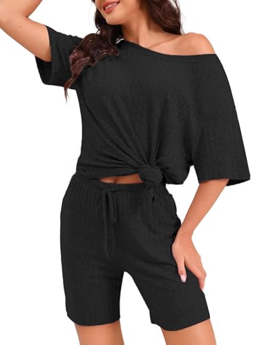 Marvmys Schlafanzug Damen Kurz Sommer Pyjama Kurzarm PyjamasSet Nachtwäsche Zweiteiliger Freizeit Modisch YogaKleidung Lässige Kleidung Schwarz XL von Marvmys