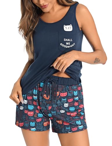 Marvmys Schlafanzug Damen Kurz Sommer Pyjamaset Ärmellos Niedlicher Bedruckter Sleepwear mit Tunnelzug Und Tasche Navy blau S von Marvmys