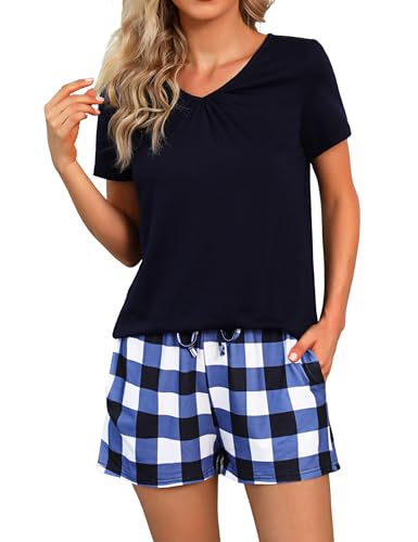 Marvmys Schlafanzug Damen Kurz Baumwolle Pyjama Set Sommer Nachtwäsche T Shirt V Ausschnitt Karierte Shorts von Marvmys