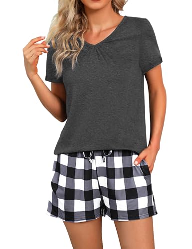 Marvmys Schlafanzug Damen Kurz Baumwolle Pyjama Set Sommer Nachtwäsche T Shirt V Ausschnitt Karierte Shorts von Marvmys