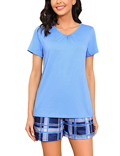 Marvmys Schlafanzug Damen Kurz aus Baumwolle Sommer Pyjama Zweiteilig Nachtwäsche Pjs Sets Hausanzug Einfarbige Pyjama Oberteile Mit V-Ausschnitt Karierte Pyjamashorts A-Himmelblau-Karierte Hose XL von Marvmys