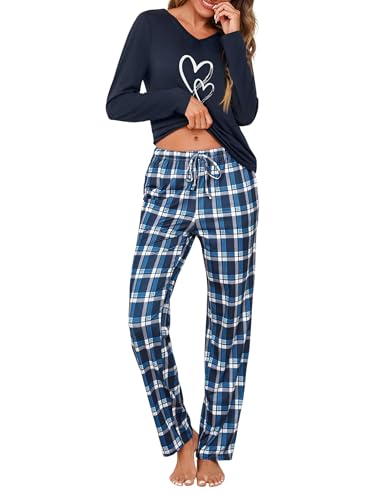 Marvmys Schlafanzug Damen Lang Baumwolle Pyjama Set Winter Zweiteiliger Nachtwäsche mit Herzprint und Karierter Pyjamahose von Marvmys